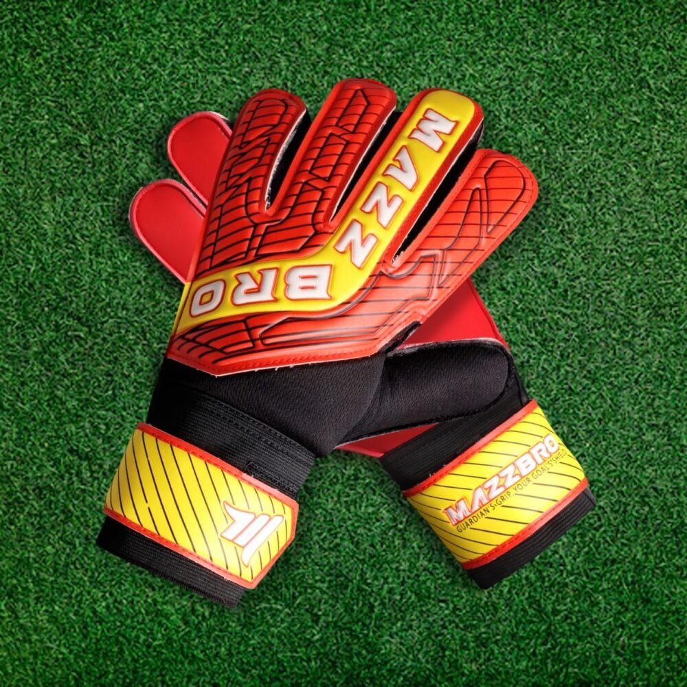 MAZZBRO Goalkeeper Gloves RED BLACK AND YELLOW for Kids Boys Youth,Soccer Goalie Gloves Kids,Double Wrist Support,Strong Grip,Padded Palm football gloves boys FLAT CUT